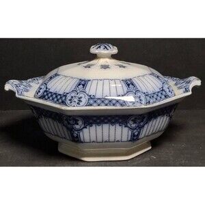 Ford and Sons Halford Burslem England Flow Blue octagon vegetable covered dish